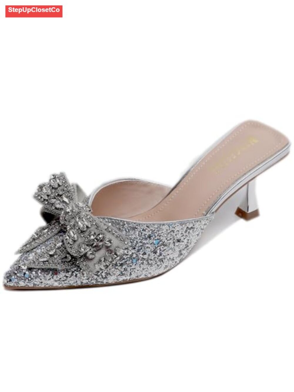 Rhinestone Bow Kitten Heel Mules Pointed Toe Slip On Dress Sandals